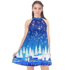 Snowflakes Snowy Landscape Reindeer Halter Neckline Chiffon Dress  by Wegoenart