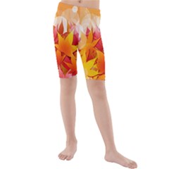 Autumn Background Maple Leaves Bokeh Kids  Mid Length Swim Shorts by Wegoenart