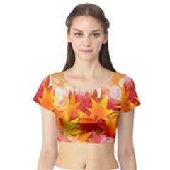 Autumn Background Maple Leaves Bokeh Short Sleeve Crop Top by Wegoenart