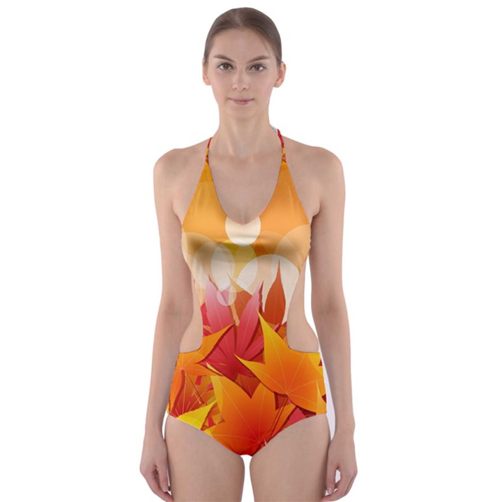 Autumn Background Maple Leaves Bokeh Cut-Out One Piece Swimsuit