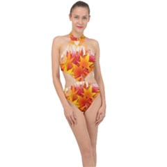 Autumn Background Maple Leaves Bokeh Halter Side Cut Swimsuit by Wegoenart