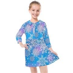 Snowflake Background Blue Purple Kids  Quarter Sleeve Shirt Dress by Wegoenart