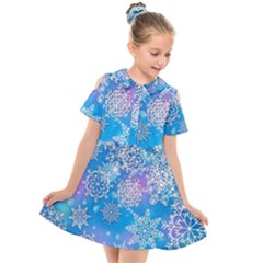 Snowflake Background Blue Purple Kids  Short Sleeve Shirt Dress by Wegoenart