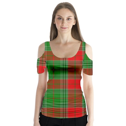 Lumberjack Plaid Buffalo Plaid Butterfly Sleeve Cutout Tee  by Wegoenart