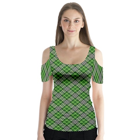 Lumberjack Plaid Buffalo Plaid Green White Butterfly Sleeve Cutout Tee  by Wegoenart