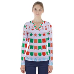 Christmas Bunting Banners Tassel V-neck Long Sleeve Top by Wegoenart