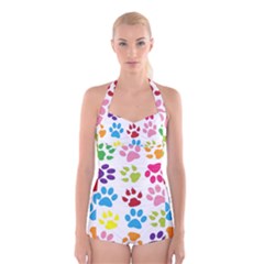 Paw Print Paw Prints Background Boyleg Halter Swimsuit 