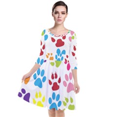 Paw Print Paw Prints Background Quarter Sleeve Waist Band Dress by Wegoenart