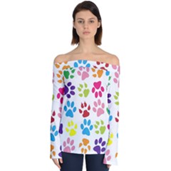 Paw Print Paw Prints Background Off Shoulder Long Sleeve Top by Wegoenart