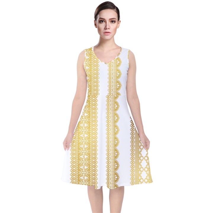 Lace Gold Euclidean Vector V-Neck Midi Sleeveless Dress 