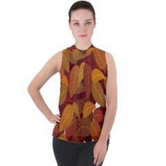 Leaves Pattern Mock Neck Chiffon Sleeveless Top