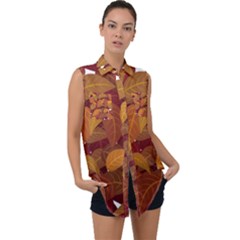 Leaves Pattern Sleeveless Chiffon Button Shirt