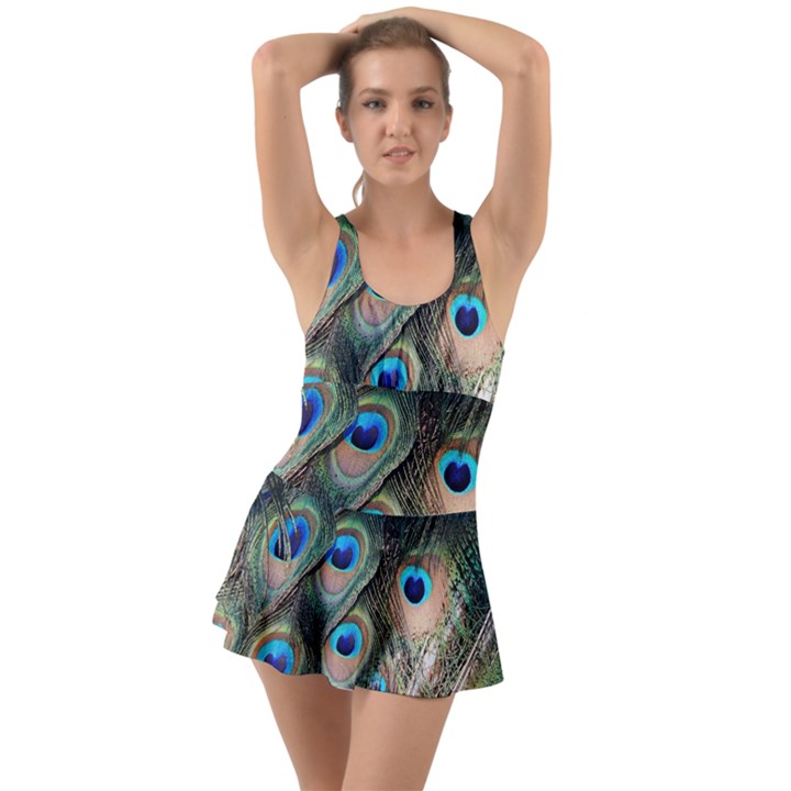 Peacock Feathers Bird Colorful Ruffle Top Dress Swimsuit