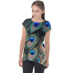 Peacock Feathers Bird Colorful Cap Sleeve High Low Top by Wegoenart