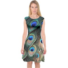 Peacock Feathers Bird Colorful Capsleeve Midi Dress by Wegoenart