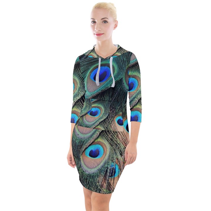 Peacock Feathers Bird Colorful Quarter Sleeve Hood Bodycon Dress