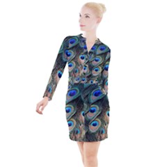 Peacock Feathers Bird Colorful Button Long Sleeve Dress