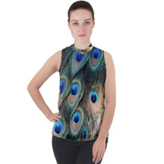 Peacock Feathers Bird Colorful Mock Neck Chiffon Sleeveless Top