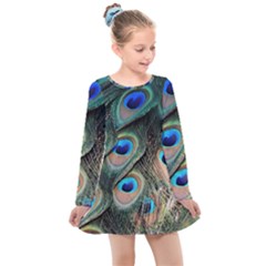 Peacock Feathers Bird Colorful Kids  Long Sleeve Dress