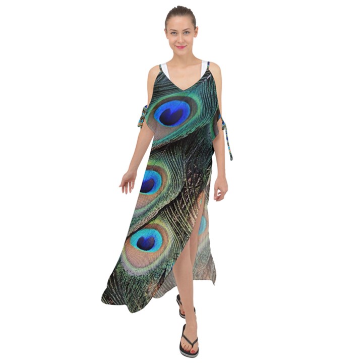 Peacock Feathers Bird Colorful Maxi Chiffon Cover Up Dress