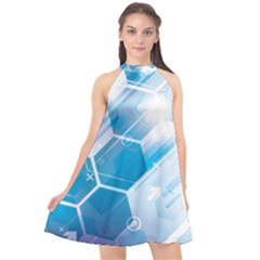 Hexagon Euclidean Vector Gradient Del  Blue Color Science And Technology Halter Neckline Chiffon Dress 