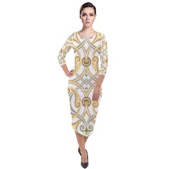 Brabesque Ornament Art Stencil Drawing Quarter Sleeve Midi Velour Bodycon Dress