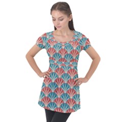 Seamless Patter Peacock Feathers Puff Sleeve Tunic Top