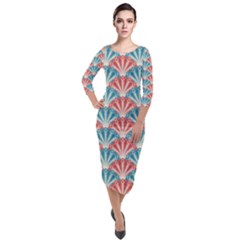 Seamless Patter Peacock Feathers Quarter Sleeve Midi Velour Bodycon Dress