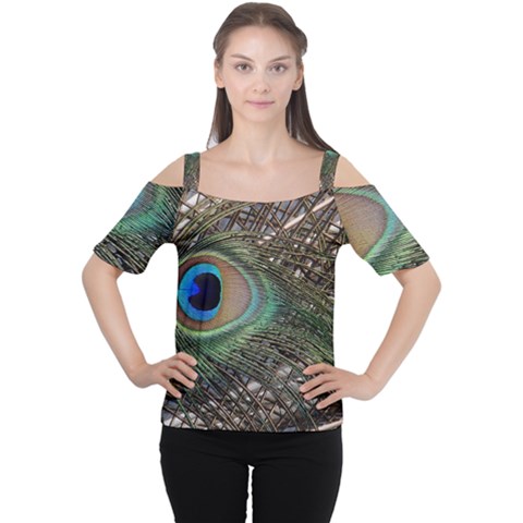 Peacock Tail Feathers Cutout Shoulder Tee by Wegoenart