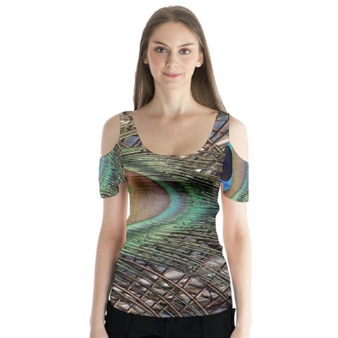 Peacock Tail Feathers Butterfly Sleeve Cutout Tee  by Wegoenart