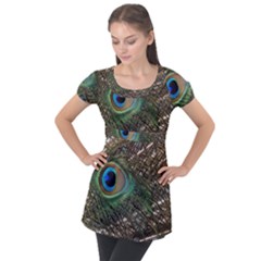 Peacock Tail Feathers Puff Sleeve Tunic Top