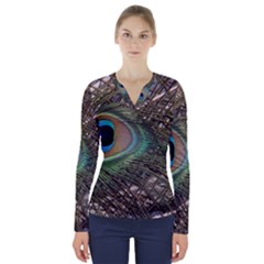 Peacock Tail Feathers V-neck Long Sleeve Top by Wegoenart