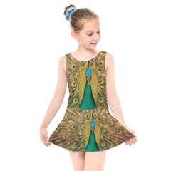 Peacock Feather Bird Peafowl Kids  Skater Dress Swimsuit by Wegoenart