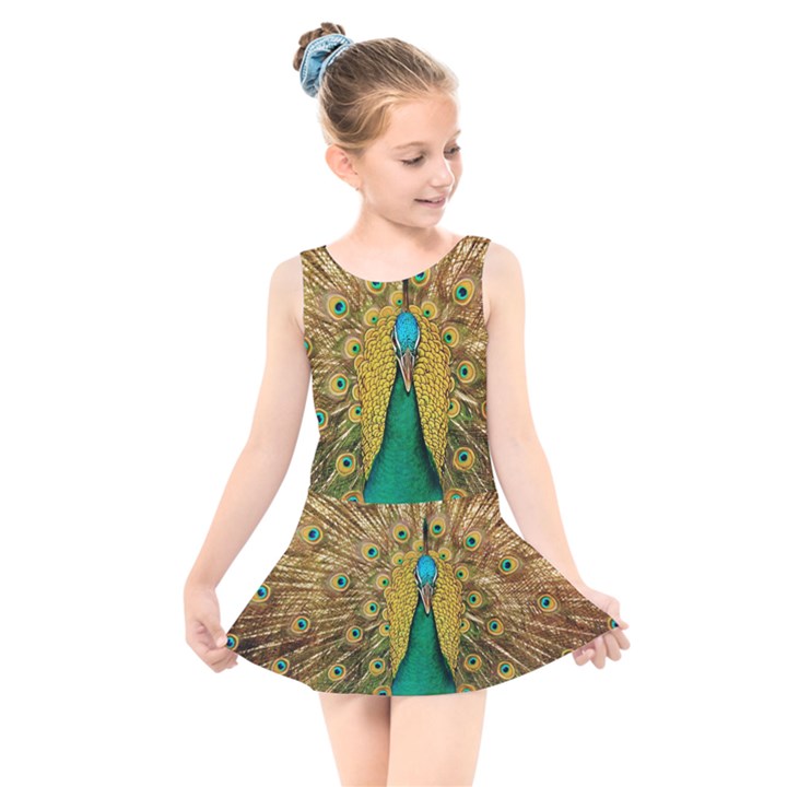 Peacock Feather Bird Peafowl Kids  Skater Dress Swimsuit