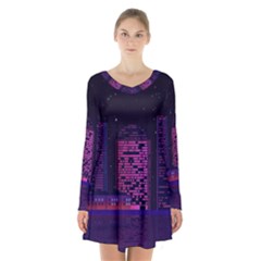 Christmas Skyline Skyscraper Long Sleeve Velvet V-neck Dress by Wegoenart