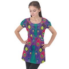 Peacock Bird Animal Feathers Puff Sleeve Tunic Top