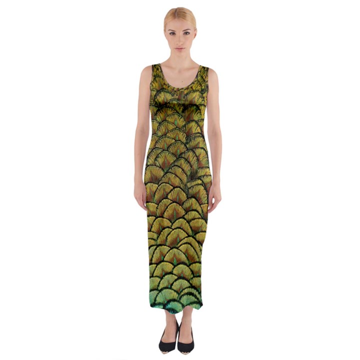 Peacock Bird Feather Color Fitted Maxi Dress