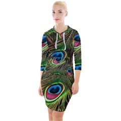 Peacock Feathers Feather Color Quarter Sleeve Hood Bodycon Dress