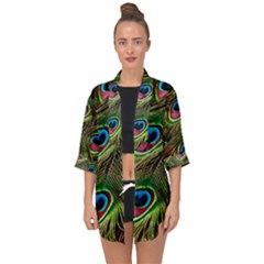 Peacock Feathers Feather Color Open Front Chiffon Kimono by Wegoenart