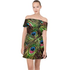 Peacock Feathers Feather Color Off Shoulder Chiffon Dress