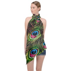 Peacock Feathers Feather Color Halter Asymmetric Satin Top