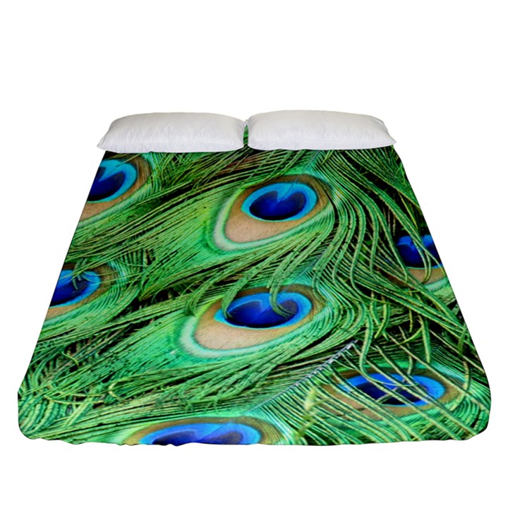 Peacock Feathers Peafowl Fitted Sheet (Queen Size)