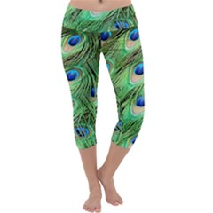 Peacock Feathers Peafowl Capri Yoga Leggings by Wegoenart