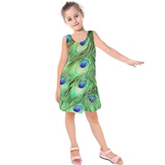 Peacock Feathers Peafowl Kids  Sleeveless Dress by Wegoenart