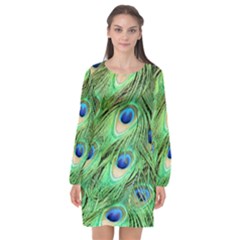 Peacock Feathers Peafowl Long Sleeve Chiffon Shift Dress  by Wegoenart