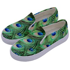 Peacock Feathers Peafowl Kids  Canvas Slip Ons by Wegoenart