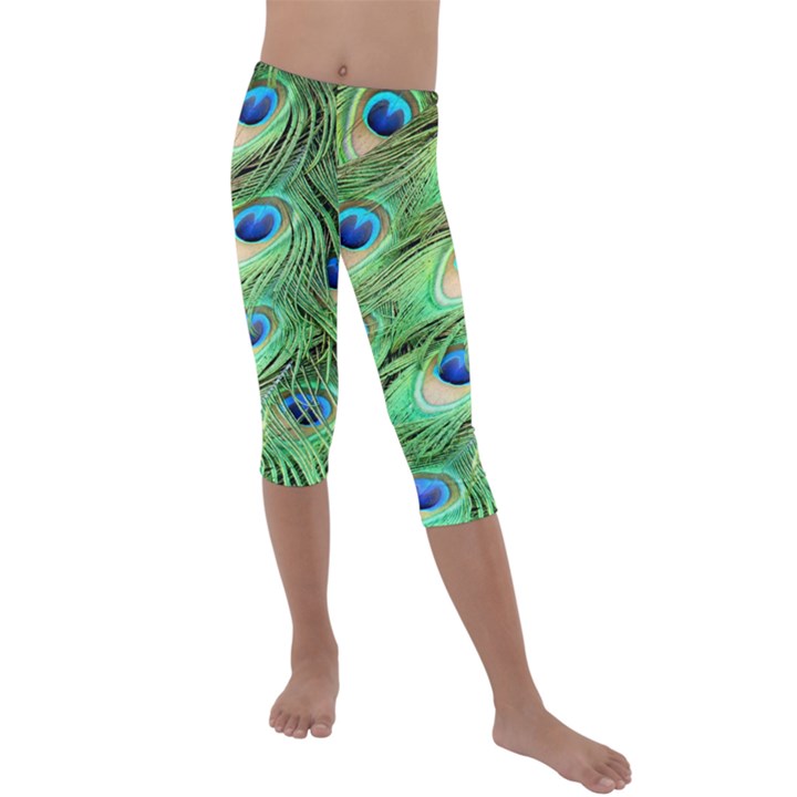 Peacock Feathers Peafowl Kids  Lightweight Velour Capri Leggings 