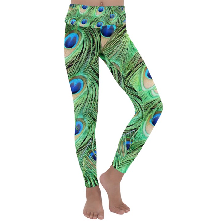 Peacock Feathers Peafowl Kids  Lightweight Velour Classic Yoga Leggings