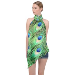 Peacock Feathers Peafowl Halter Asymmetric Satin Top