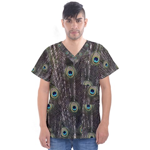 Background Peacock Feathers Men s V-neck Scrub Top by Wegoenart